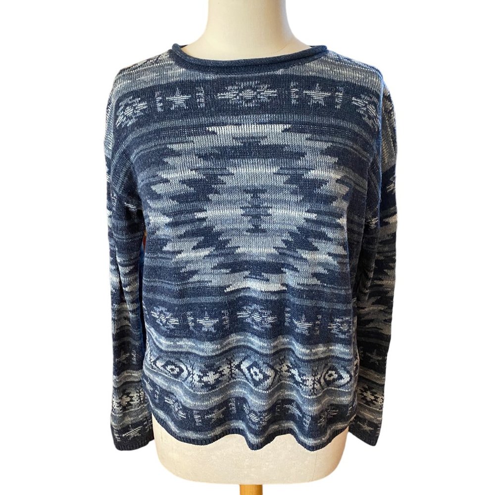 Polo Ralph Lauren Linen Cotton Southwestern Aztec Sweater Indigo Blue Tribal -M